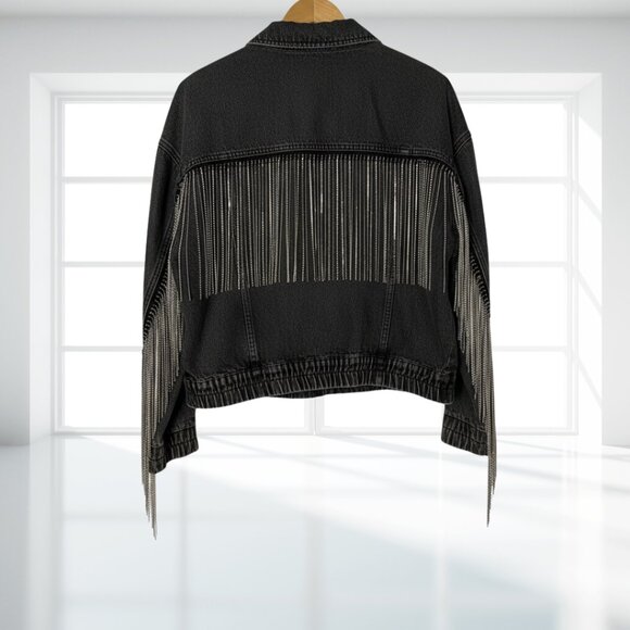 Le Lis Tassel Denim Jacket M | Black Wash Rhinestone Chain Fringe Cotton Western - Picture 5 of 16